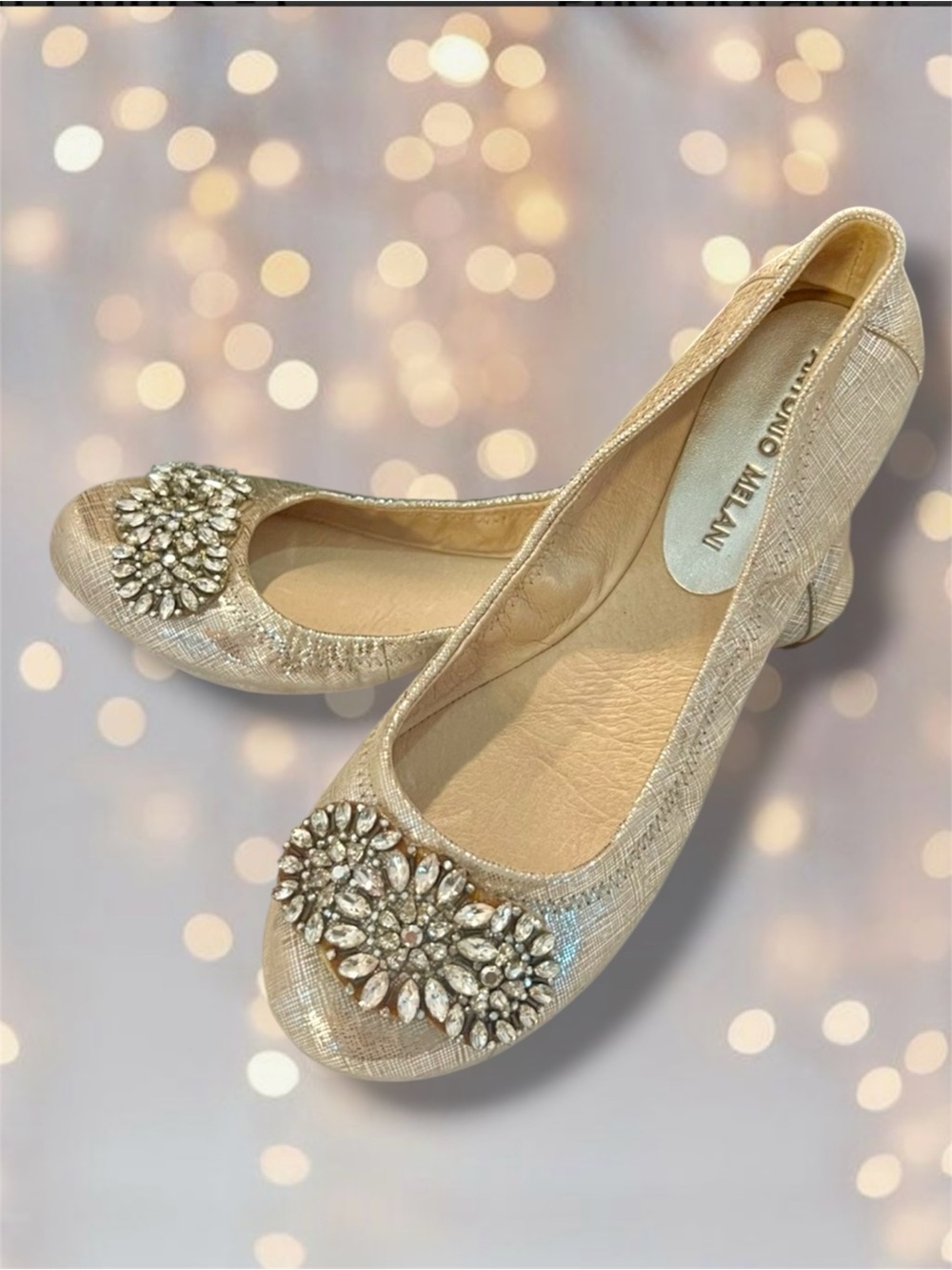 Antonio Melani Metallic Champagne Leather Ballet Flats With Rhinestone Detail...